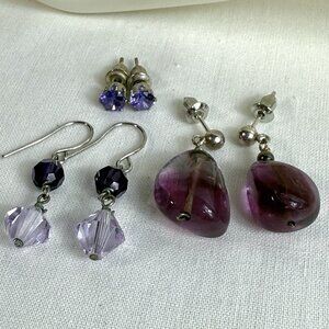 Lot of 3 Pairs Purple Earrings – Gemstone Bead, Faceted Crystal & Stud
